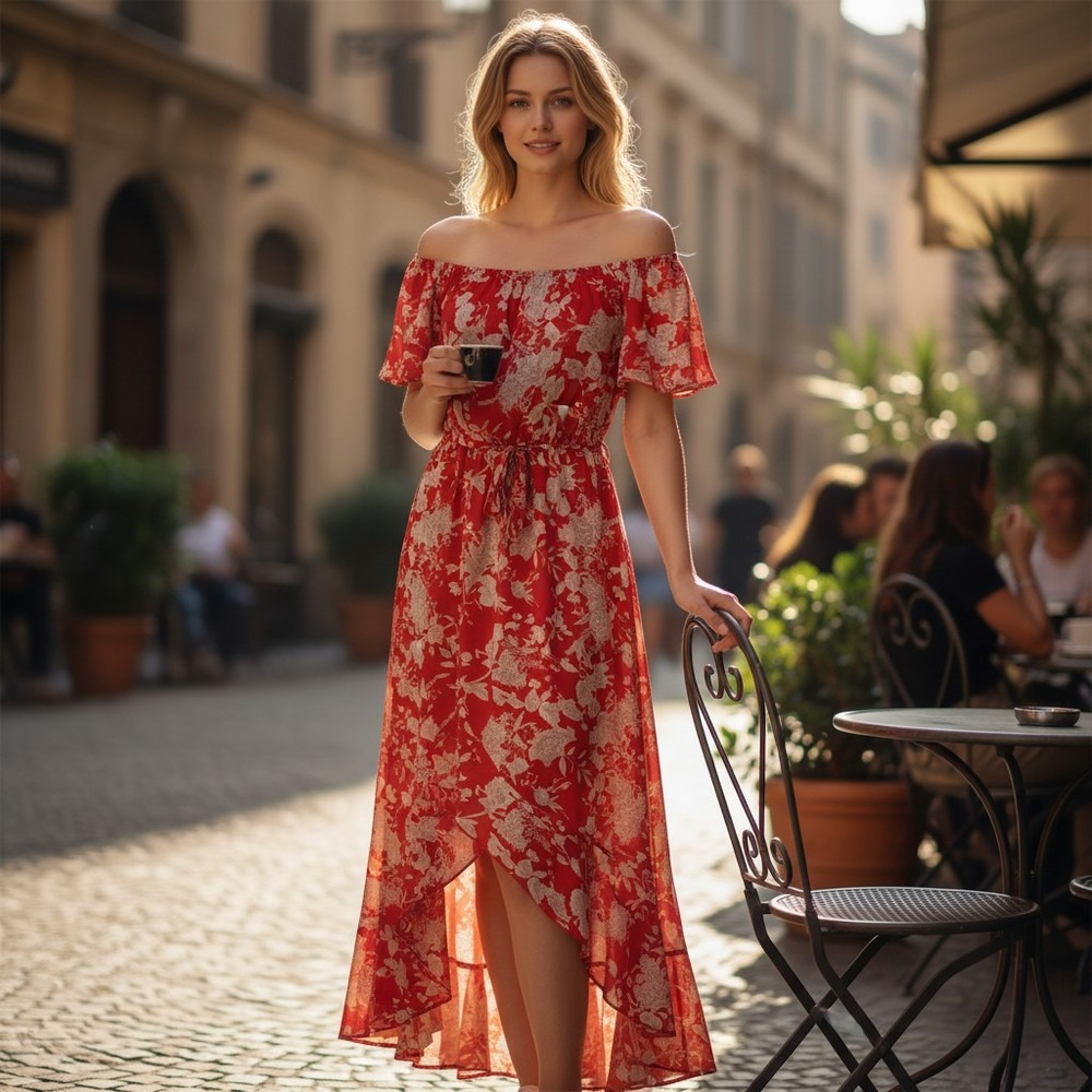 VICI Red Floral Off The Shoulder High Low Maxi Dress Large Summer Boho Style